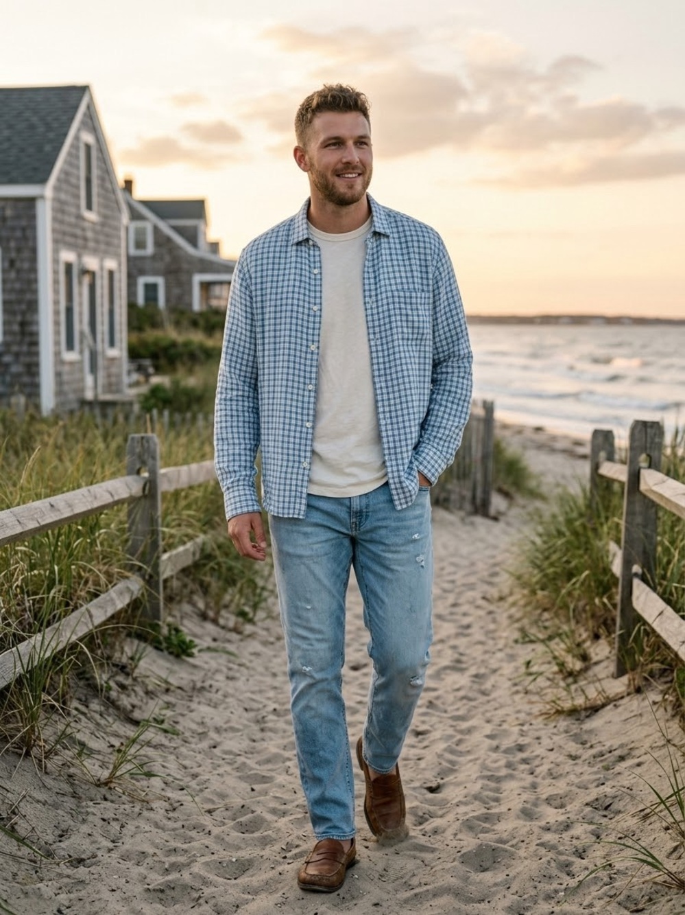 Faherty Brand Mens XL 100% Linen Long Sleeve Button Up Shirt Blue Plaid Gingham